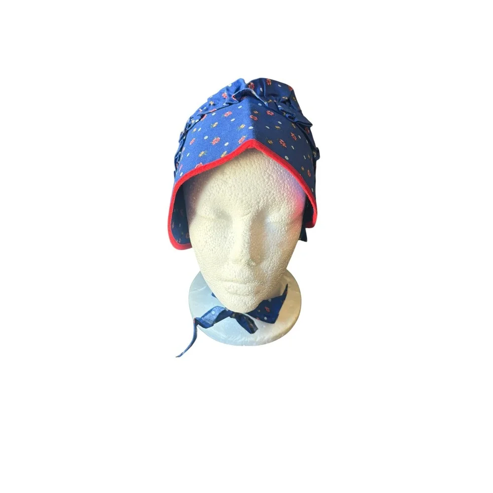 Vintage Girls Prairie Bonnet Blue Floral Sun Hat Red Trim Pioneer Amish Handmade